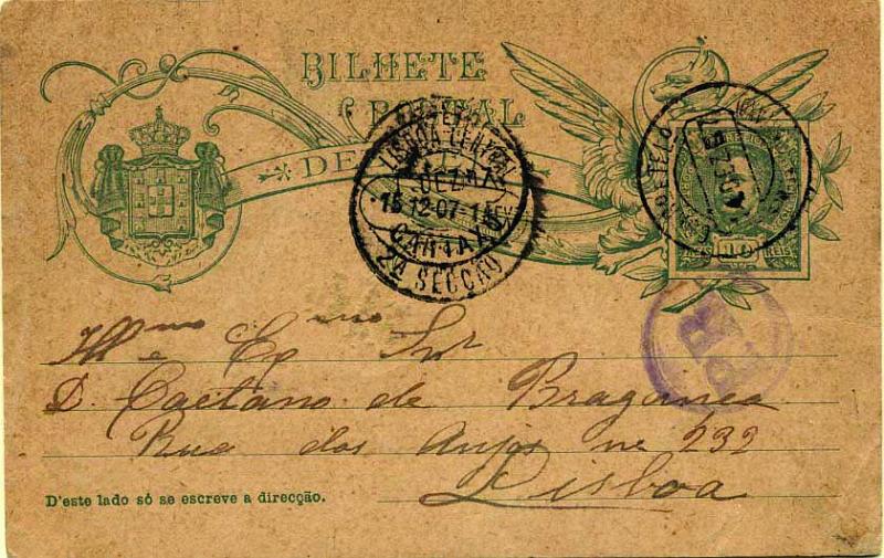 1851.jpg -     Lote:    1851            Portugal       Descrição:         Carimbos circulares datados, tipo 1880 + carimbos da POSTA RURAL. 1908 &mdash; D. Carlos I tipo Mouchon. Legenda "DEZ REIS". OM44, 10 reis verde sobre cartolina camurça, circulado de Eireira (14.12.07) para Lisboa (15.12.07). Carimbo batido a violeta "PR" e  a preto "EREIRA (CARTAXO)". Raridade 8 (Gordon). MR.        IC       Valor Base:     &euro; 20,00     Valor Venda:     &euro; 44,00     