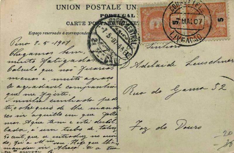 1856.jpg -     Lote:    1856            Portugal       Descrição:         Carimbos circulares datados tipo 1880. 1895/1896 &mdash; D. Carlos I tipo Mouchon. Postal ilustrado circulado de Livração (07.05.07) para o Porto (07.05.07) com par de selos de 5 reis laranja CE127. Carimbo batido a preto "LIVRAÇÃO".         PI       Valor Base:     &euro; 10,00     Valor Venda:     &euro; 55,00     