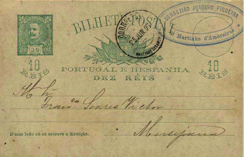 1859.jpg -     Lote:    1859            Portugal       Descrição:         Carimbos circulares datados tipo 1880. 1896 &mdash; D. Carlos I tipo Mouchon. OM23, 10 reis verde escuro sobre cartolina creme, circulado de S. Martinho das Amoreiras (25.06.06) para Messejana. Carimbo batido a preto de "S. MARTINHO DAS AMOREIRAS".         IC       Valor Base:     &euro; 10,00     Valor Venda:     Retirado     