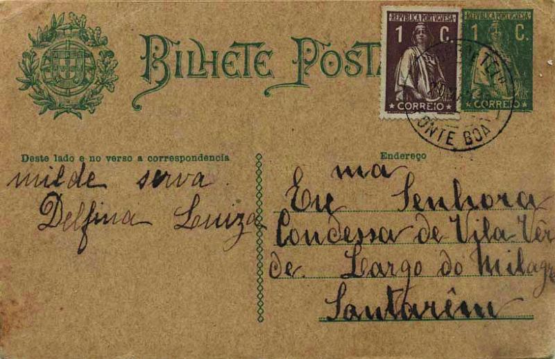 1860.jpg -     Lote:    1860            Portugal       Descrição:         Carimbos circulares datados tipo 1880. 1912 &mdash; Ceres. Escudo Nacional è esquerda. OM59, 1C verde escuro sobre cartolina camurça escura, circulado com selo adicional de 1C castanho tipo Ceres CE221 de Fonte Boa (20.05.18) para Santarém. Carimbo batido a preto "FONTE BOA". Raridade 8 (Gordon).        IC       Valor Base:     &euro; 15,00     Valor Venda:     &euro; 28,00     