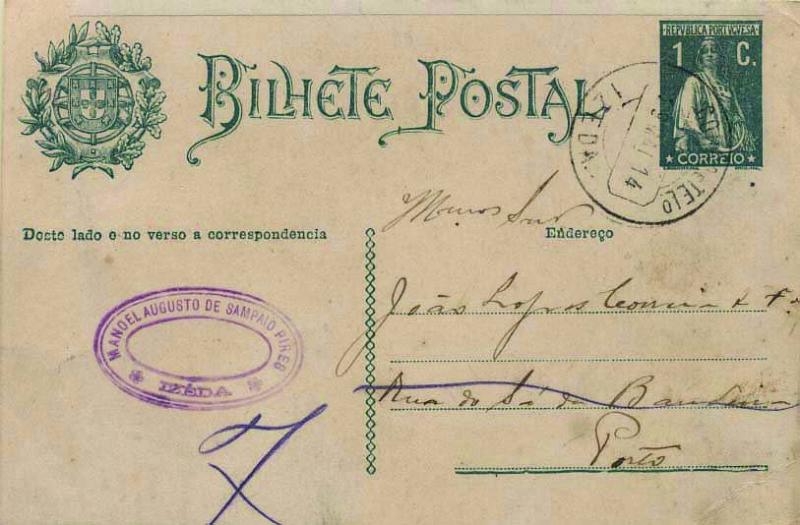 1863.jpg -     Lote:    1863            Portugal       Descrição:         Carimbos circulares datados tipo 1880. 1912 &mdash; Ceres. Escudo Nacional è esquerda. OM59, 1C verde escuro sobre cartolina branca, circulado de Izeda (29.05.14) para o Porto. Carimbo batido a preto "IZEDA". Raridade 4 (Gordon).        IC       Valor Base:     &euro; 10,00     Valor Venda:     Retirado     