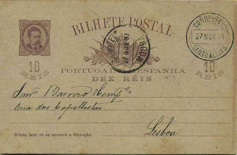 1864.jpg -     Lote:    1864            Portugal       Descrição:         Carimbos circulares datados tipo 1880. 1884/87 &mdash; D. Luís I, de frente. OM9f, 10 reis castanho vermelho sobre cartolina camurça (sem quadrícula no verso), sem ponto depois de "direcção", tipo A. Circulado de Santo Aleixo (27.11.1890) para Lisboa, com trânsito por Moura (27.11.90). Carimbo batido a preto de "SANTO ALEIXO". Raridade 6 (Gordon).        IC       Valor Base:     &euro; 15,00     Valor Venda:     &euro; 55,00     