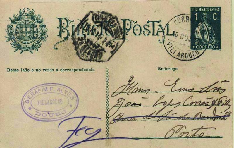 1867.jpg -     Lote:    1867            Portugal       Descrição:         Carimbos circulares datados tipo 1880. 1912 &mdash; Ceres. Escudo Nacional è esquerda. OM59, 1C verde escuro sobre cartolina branca, circulado de Viliarouco (10.10.14) para o Porto (11.10.14). Carimbo batido a preto "VILI AROUCO &mdash; erro de grafia de VILLAROUCO".        IC       Valor Base:     &euro; 20,00     Valor Venda:     Retirado     