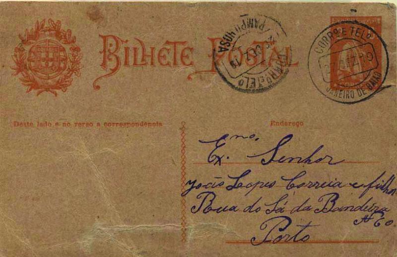 1868.jpg -     Lote:    1868            Portugal       Descrição:         Carimbos circulares datados tipo 1880. 1918/20 &mdash; Ceres. Aumento de porte. OM61, 2C laranja sobre cartolina camurça. Circulado de Janeiro de Baixo (27.12.19) para o Porto, com trânsito por Pampilhosa (28.12.19). Carimbos batidos a preto de "JANEIRO DE BAIXO" - raridade7 e "PAMPILHOSA" - raridade 4.        IC       Valor Base:     &euro; 20,00     Valor Venda:     &euro; 20,00     
