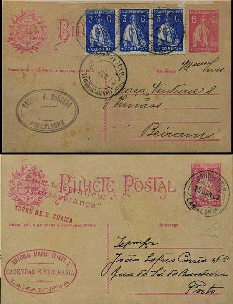 1869.jpg -     Lote:    1869            Portugal       Descrição:         Carimbos circulares datados, tipo 1880 &mdash; 192&frac12;2 &mdash; Ceres. Aumento de porte. OM68, 6C rosa sobre cartolina creme. Lote de 2 inteiros circulados: um pela Ambulância Este I (05.04.23) para Beirã (06.04.23) e outro de Lamalonga (15.01.23) para o Porto. Carimbos batidos a preto de "BEIRÃ (PORTALEGRE)" sem raridade catalogada e "LAMALONGA" &mdash; raridade 7.         IC       Valor Base:     &euro; 20,00     Valor Venda:     &euro; 32,00     