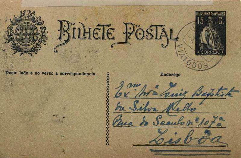 1870.jpg -     Lote:    1870            Portugal       Descrição:         Carimbos circulares datados. 1923 &mdash; Ceres. Aumento de porte. OM73, 15C preto cinzento sobre cartolina camurça, circulado de Viatodos (07.01.24) para Lisboa com carimbo batido a preto "VIATODOS" &mdash; não catalogado por Gordon + OM68, 6C rosa com carimbo batido a preto "VIDIGUEIRA".        IC       Valor Base:     &euro; 15,00     Valor Venda:     &euro; 16,00     