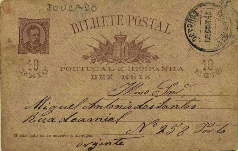 1871.jpg -     Lote:    1871            Portugal       Descrição:         1884/87 &mdash; D. Luís I, de frente. OM9f, 10 reis castanho vermelho sobre cartolina camurça (sem quadrícula no verso), tipo E (tipo não catalogado). Circulado de Bougado (25.08.90) para o Porto (25.08.90. Carimbo batido a preto "BOUGADO". Raridade 5.        IC       Valor Base:     &euro; 12,00     Valor Venda:     &euro; 42,00     