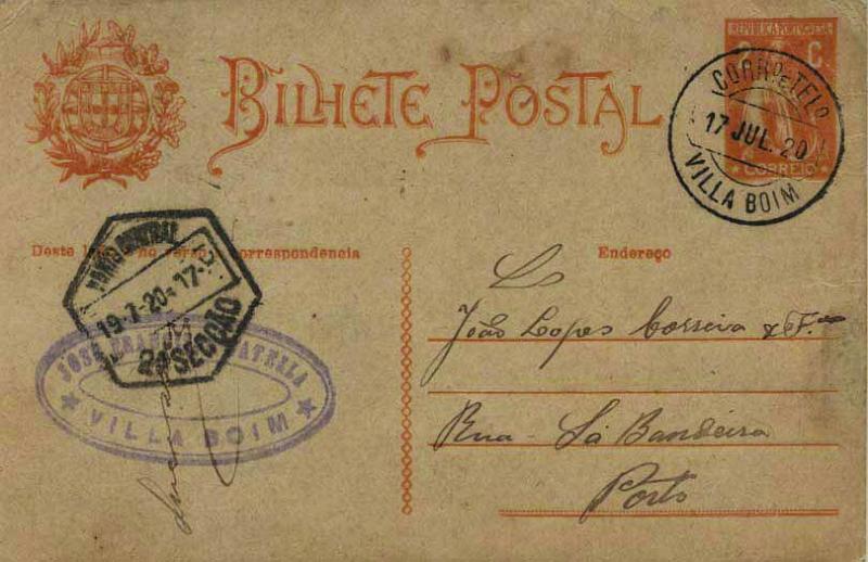 1872.jpg -     Lote:    1872            Portugal       Descrição:         Carimbos circulares datados tipo 1880. 1918/20 &mdash; Ceres. Aumento de porte. OM61, 2C laranja sobre cartolina camurça. Circulado de Vila Boim (17.07.20) para o Porto (19.07.20). Carimbo batido a preto de "VILLA BOIM" &mdash; raridade 6.        IC       Valor Base:     &euro; 15,00     Valor Venda:     &euro; 15,00     