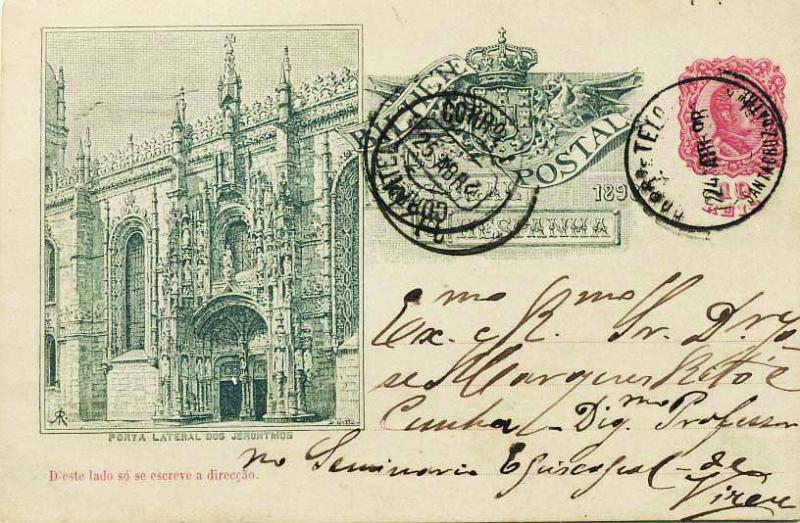 1873.jpg -     Lote:    1873            Portugal       Descrição:         Carimbos circulares datados, tipo 1880. Inteiro postal de 10 reis da emissão do 4.º Centenário do Descobrimento do Caminho Marítimo para a Índia OM29C circulado de Santa Cruz da Trapa (24.04.98) para Viseu (25.04.98). carimbo batido a preto de "SANTA CRUZ DA TRAPA".        IC       Valor Base:     &euro; 10,00     Valor Venda:     &euro; 14,00     