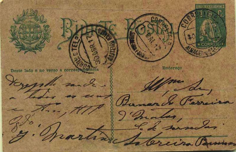 1874.jpg -     Lote:    1874            Portugal       Descrição:         Carimbos circulares datados tipo 1880. 1912 &mdash; Ceres com Escudo Nacional à esquerda. OM59, 1C verde circulado de Almaceda (30.04.17) para Sobreira Formosa (01.05.17). Carimbo batido a preto de "ALMACEDA (C. BRANCO)        IC       Valor Base:     &euro; 10,00     Valor Venda:     &euro; 22,00     