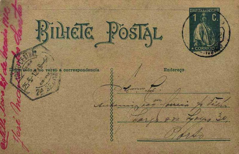 1875.jpg -     Lote:    1875            Portugal       Descrição:         Carimbos circulares datados tipo 1880. 1912 &mdash; Ceres. OM56, 1C verde, circulado de Castelo Novo (24.05.12) para o Porto (25.05.12). Carimbo batido a preto de "CASTELLO NOVO (FUNDÃO). Raridade 8 &mdash; Gordon.        IC       Valor Base:     &euro; 10,00     Valor Venda:     Retirado     