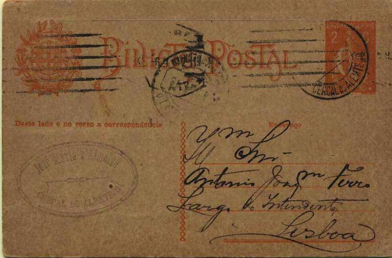 1876.jpg -     Lote:    1876            Portugal       Descrição:         Carimbos circulares datados tipo 1880. 1918/20 &mdash; Ceres. 2C ocre. Circulado de Cercal do Alentejo (04.09.19) para Lisboa, Carimbo batido a preto de CERCAL DO ALENTEJO". Raridade 8 &mdash; Gordon.        IC       Valor Base:     &euro; 10,00     Valor Venda:     &euro; 10,00     
