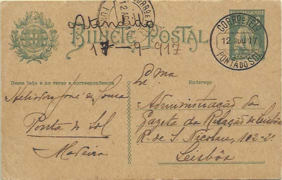 1877.jpg -     Lote:    1877            Portugal       Descrição:         Carimbos circulares datados. 1912 &mdash; Ceres. OM59 1C verde s/ cartolina camurça, circulado de Ponta do Sol (12.08.17) para Lisboa, com trânsito pelo Funchal (12.08.17). Carimbo batido a preto "CORR.º E TEL.º / PONTA DO SOL". MB e R.        IC       Valor Base:     &euro; 25,00     Valor Venda:     Retirado     