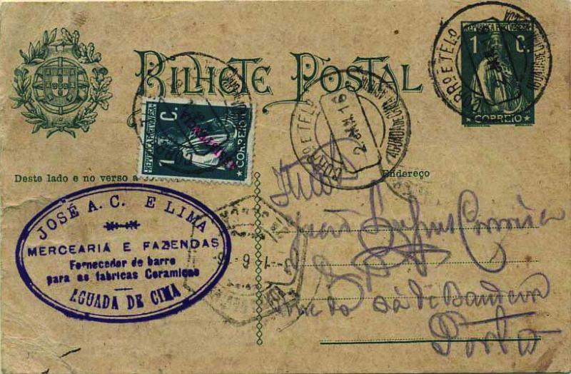 1878.jpg -     Lote:    1878            Portugal       Descrição:         Carimbos circulares datados, tipo 1880. 1912 &mdash; Ceres. OM59, 1C verde escuro circulado de Aguada de Cima (02.01.16) para o Porto (03.01.16) com selo do Imposto Postal tipo Ceres com sobrecarga ASSISTÊNCIA CE IP3. Carimbo batido a preto de "AGUADA DE CIMA (ÁGUEDA). Gordon * Raridade 10.        IC       Valor Base:     &euro; 20,00     Valor Venda:     &euro; 85,00     