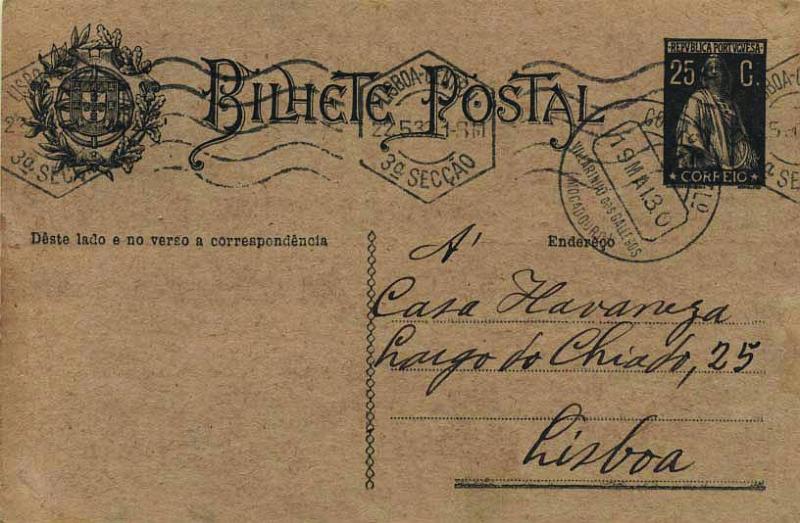 1882.jpg -     Lote:    1882            Portugal       Descrição:         Carimbos circulares datados, tipo 1880. 1924/26 &mdash; Ceres. Aumento de porte. OM74a, 25C preto sobre cartolina camurça "Endereço", circulado de Vilarinho dos Galegos (19.05.30) para Lisboa (22.05.30). Carimbo batido a preto "VILLARINHO DOS GALLEGOS / MOGADOURO". MB.        IC       Valor Base:     &euro; 12,00     Valor Venda:     &euro; 38,00     