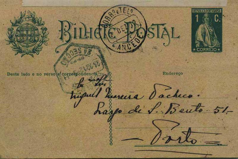1883.jpg -     Lote:    1883            Portugal       Descrição:         Carimbos circulares datados tipo 1880. 1912 &mdash; Ceres. OM59, 1C verde. Lote de dois inteiros obliterados com marcas batidas a preto de "ANCEDE" e "BALEIZÃO". B.        IC       Valor Base:     &euro; 15,00     Valor Venda:     &euro; 15,00     
