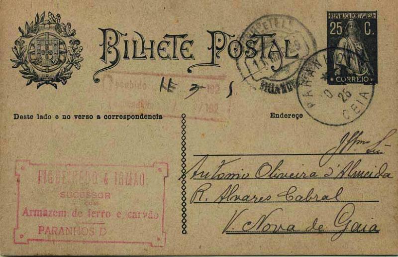 1884.jpg -     Lote:    1884            Portugal       Descrição:         Carimbos tipo francês. 1924/26 &mdash; Ceres. Aumento de porte. OM74b, 25C preto sobre cartolina camurça "Endereço", circulado de Paranhos / Ceia (10.03.25) para Vila Nova de Gaia (11.03.05). Carimbo batido a preto "PARANHOS / CEIA". MB.        IC       Valor Base:     &euro; 15,00     Valor Venda:     &euro; 15,00     