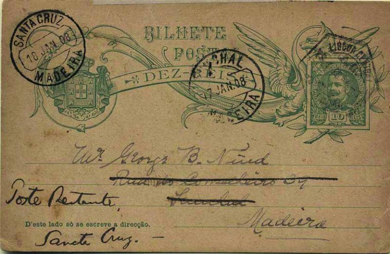 1886.jpg -     Lote:    1886            Portugal       Descrição:         Carimbos circulares datados tipo 1880. 1907/08 &mdash; D. Carlos I tipo Mouchon, com legenda "DEZ REIS". OM42a, 10 reis verde-azul sobre cartolina camurça clara, circulado de Lisboa (13.01.08) para o Funchal (17.01.08) e reendereçado para Santa Cruz (18.01.08). Carimbo batido a preto de "SANTA CRUZ / MADEIRA".         IC       Valor Base:     &euro; 20,00     Valor Venda:     Retirado     