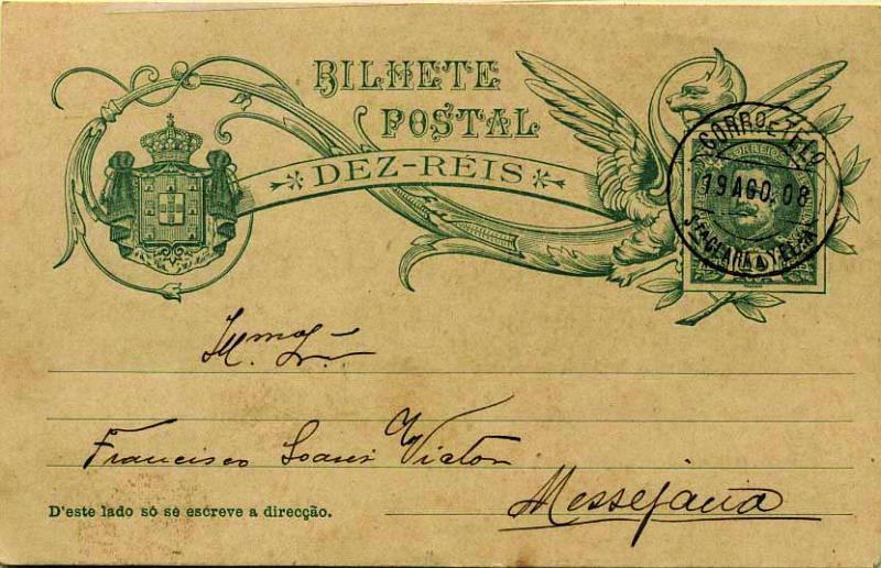 1887.jpg -     Lote:    1887            Portugal       Descrição:         Carimbos circulares datados tipo 1880. 1907/08 &mdash; D. Carlos I tipo Mouchon, com legenda "DEZ REIS". OM42, 10 reis verde-azul sobre cartolina creme, circulado de Santa Clara-a-Velha (19.08.08) para Messejana. Carimbo batido a preto de "STA CLARA A VELHA".         IC       Valor Base:     &euro; 15,00     Valor Venda:     &euro; 30,00     
