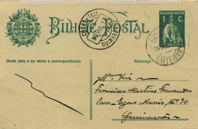 1888.jpg -     Lote:    1888            Portugal       Descrição:         Carimbos circulares datados tipo 1880. 1912 &mdash; Ceres. Escudo Nacional à esquerda. CE59, 1C verde-escuro, cartolina camurça clara, circulado de Briteiros (30.07.13) para Guimarães (30.07.13). Carimbo batido a preto de "BRITEIROS". Marca sem raridade atribuída por Gordon.        IC       Valor Base:     &euro; 20,00     Valor Venda:     Retirado     