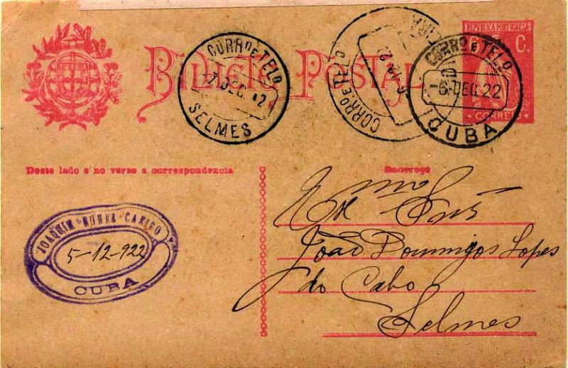 1889.jpg -     Lote:    1889            Portugal       Descrição:         Carimbos circulares datados, tipo 1880. 192&frac12;2 &mdash; Ceres. Aumento de porte. CE68, 6C rosa claro sobre cartolina creme, circulado do Cuba (6 DEC. 22) para Selmes com trânsito pela Vidigueira (06.12.22). Carimbo batido a preto de "SELMES". Raridade 9 (Gordon). Carimbo de Beja e de Selmes com grafia do mês "DEC".        IC       Valor Base:     &euro; 20,00     Valor Venda:     &euro; 40,00     