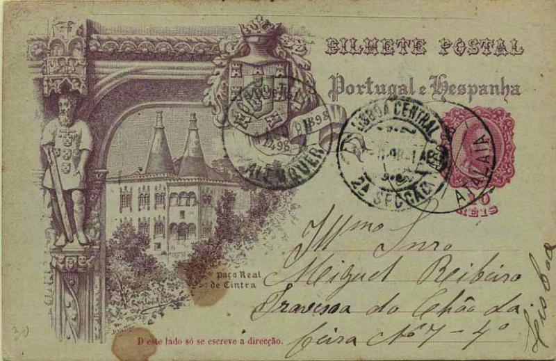 1893.jpg -     Lote:    1893            Portugal       Descrição:         Carimbos circulares datados tipo 1880. 1898 &mdash; 4.º Centenário do Descobrimento do Caminho Marítimo para a Índia. OM29D, 10 reis rosa carmim, circulado de Atalaia (11.08.98) para Lisboa, com trânsito por Alenquer (11.08.98). Carimbo batido a preto de ATALAIA (raridade 9 &mdash; Gordon).        IC       Valor Base:     &euro; 10,00     Valor Venda:     &euro; 18,00     