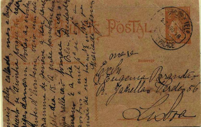 1895.jpg -     Lote:    1895            Portugal       Descrição:         Carimbos circulares datados tipo 1880. 1918/20 &mdash; Ceres. 2C ocre. Circulado de Bussaco-Palace (23.08.18) para Lisboa. Carimbo batido a preto de "BUSSACO-PALACE".        IC       Valor Base:     &euro; 10,00     Valor Venda:     Retirado     