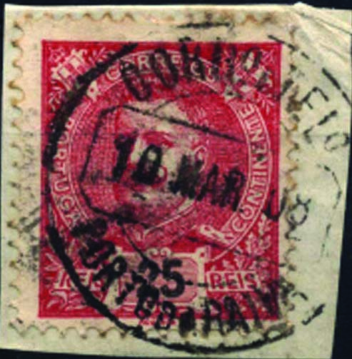 1901.jpg -     Lote:    1901            Portugal       Descrição:         Carimbos circulares datados tipo 1880. 1898/1905 &mdash; D. Carlos I tipo Mouchon. CE141, 25 reis carmim. Selo obliterado com carimbo batido a preto "PORTO DA RAIVA".        O       Valor Base:     &euro; 20,00     Valor Venda:     Retirado     