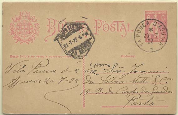 1905.jpg -     Lote:    1905            Portugal       Descrição:         Carimbos tipo francês. 192&frac12;2 &mdash; Ceres. OM68, 6C rosa escuro, circulado de Vila Pouca de Aguiar (20.07.22) para o Porto (21.07.22). Carimbo batido a preto de "VILA POUCA D'AGUIAR".        IC       Valor Base:     &euro; 12,00     Valor Venda:     &euro; 12,00     