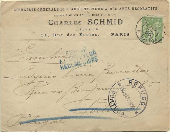 1907.jpg -     Lote:    1907            Portugal       Descrição:         Marcas de serviço de REFUGO. Sobrescrito circulado de Paris (13.07.99) para o Porto (15.07.99) com selo de 5c Yv75. Carimbo batido a preto "REFUGO / PORTUGAL / 30 SEP 1899".        Carta       Valor Base:     &euro; 50,00     Valor Venda:     Retirado     