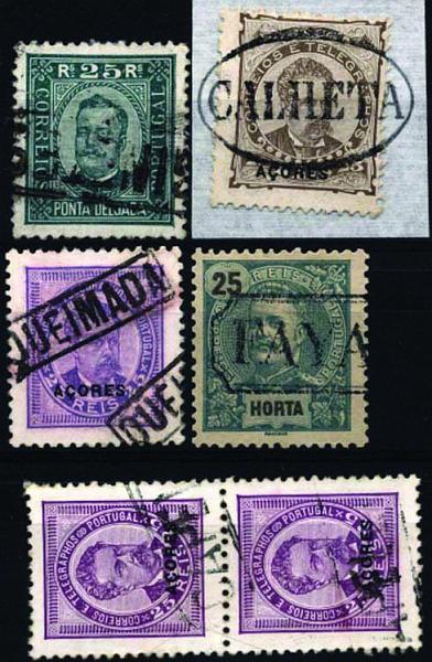 1912.jpg -     Lote:    1912            Açores       Descrição:         Carimbos nominativos. Lote composto por 4 selos e 1 par obliterados com carimbos nominativos batidos a preto: GINETES, CALHETA, QUEIMADA, FAYAL e CAPELAS.        Lote       Valor Base:     &euro; 25,00     Valor Venda:     &euro; 30,00     