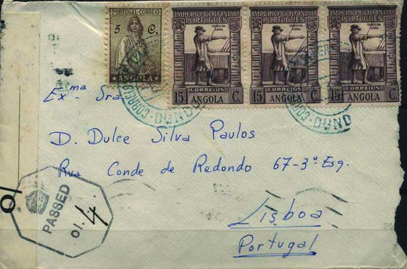 1914.jpg -     Lote:    1914            Angola       Descrição:         Carimbos circulares datados formato grande. 1932/38 &mdash; Ceres + Império Colonial Português. Sobrescrito circulado do Dundo (01.03.43) para Lisboa (18.04.43) com trânsito por Vila Luso (05.03.43) com selos de 5c sépia CE229 e 3 selos de 15c castanho CE261, obliterados com carimbo batido a azul "CORREIOS E TELEGRAFOS / DUNDO". Censurado pelos ingleses.        Carta       Valor Base:     &euro; 15,00     Valor Venda:     &euro; 15,00     