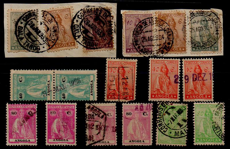 1915.jpg -     Lote:    1915            Angola       Descrição:         Lote composto por fragmentos, selos isolados e em par obliterados com diversos tipos de carimbo: DALA TANDO / E, AMBULÂNCIA VI do CFL, com datador da estação postal do Dundo (5), nominativo do DUNDO, MALANGE / R e PORTUGALIA.        Lote       Valor Base:     &euro; 6,00     Valor Venda:     &euro; 12,00     