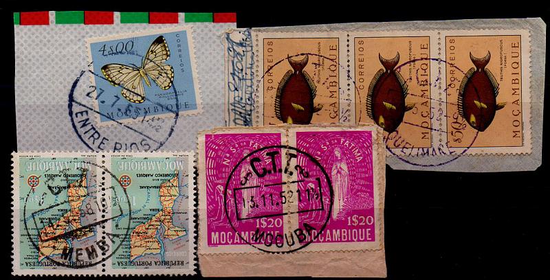 1920.jpg -     Lote:    1920            Moçambique       Descrição:         Carimbos circulares datados. Lote de 3 fragmentos + par de selos obliterados com carimbos de ENTRE RIOS, MEMBA e MOCUBA, batidos a preto + QUELIMANE batido a violeta.        Lote       Valor Base:     &euro; 5,00     Valor Venda:     Retirado     