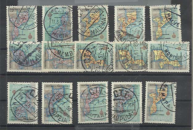 1922.jpg -     Lote:    1922            Moçambique       Descrição:         Marcofilia diversa. Lote composto por 45 selos tipo Carta Geográfica de Moçambique, com marcas bem batidas, algumas com certa raridade. Lote a ver.        Lote       Valor Base:     &euro; 15,00     Valor Venda:     Retirado     