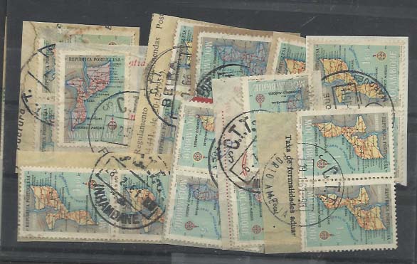 1923.jpg -     Lote:    1923            Moçambique       Descrição:         Marcofilia diversa. Lote composto por 30 fragmentos com selos tipo Carta Geográfica de Moçambique com nítidas obliterações. Lote a ver.        Lote       Valor Base:     &euro; 15,00     Valor Venda:     Retirado     