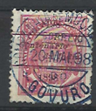 1924.jpg -     Lote:    1924            Moçambique       Descrição:         Carimbos circulares datados. 1898 &mdash; 4.º Centenário do Descobrimento do Caminho Marítimo para a Índia. Tipo Elefantes com sobrecarga "Centenário da Índia". CE36, 75 reis carmim, denteado 12 &frac12;. Selo obliterado com carimbo batido a preto "CORREIO DO GOVURO".        O       Valor Base:     &euro; 15,00     Valor Venda:     &euro; 16,00     