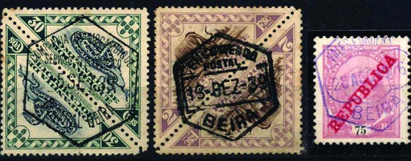1925.jpg -     Lote:    1925            Moçambique       Descrição:         Carimbos hexagonais. Lote composto por 2 pares + elo simples, obliterados com: carimbo hexagonal a preto "COMPANHIA DE MOÇAMBIQUE / SERVIÇO TELEGRÁFICO / CENTRAL BEIRA" + carimbo hexagonal a preto "ENCOMENDA / POSTAL / BEIRA" e hexagonal a violeta de VALES E ORDENS / BEIRA.        Lote       Valor Base:     &euro; 20,00     Valor Venda:     Retirado     