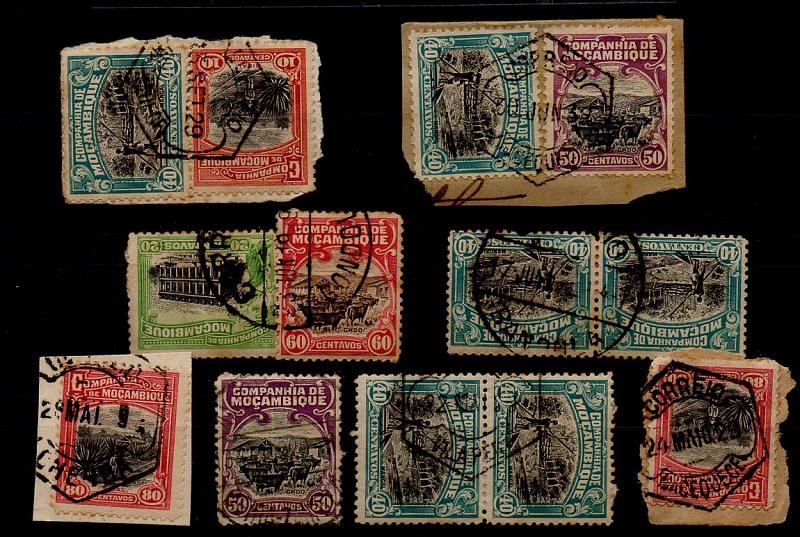 1928.jpg -     Lote:    1928            Moçambique       Descrição:         Companhia de Moçambique. Carimbos circulares datados e hexagonais: Lote composto por fragmentos e pares de selos obliterados com carimbos circulares datados de GONDOLA, BANDULA e AMBULANCIA / BEIRA-ZAMBEZE (MR) + hexagonais de MACEQUECE (3), CHEMBA e VILA PERY.        Lote        Valor Base:     &euro; 10,00     Valor Venda:     &euro; 10,00     