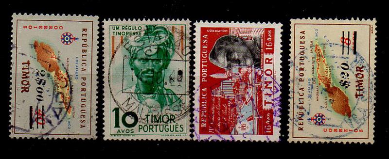 1940.jpg -     Lote:    1940            Timor       Descrição:         Carimbos circulares datados. Lote de 4 selos obliterados com carimbos de TAPO, MAUBISSE, ERMERA (violeta) e VILA SALAZAR (azul).        O       Valor Base:     &euro; 15,00     Valor Venda:     &euro; 15,00     