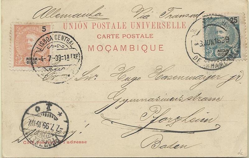 0006.jpg -     Lote:    6      Colecção Império      Inhambane       Descrição:         1898 &mdash; D. Carlos I tipo Mouchon. Selos do Distrito Postal de Moçambique usados no Distrito Postal de Inhambane. CE54, 55, 5 e 25 reis sobre postal ilustrado circulado de Inhambane (03.06.99) para Baden (07.07.99), com trânsito por Lisboa (04.07.99). MB e MR.        PI       Valor Base:     &euro; 40,00     Valor Venda:     &euro; 46,00     