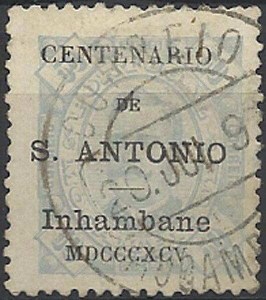 0020.jpg -     Lote:    20      Colecção Império      Inhambane       Descrição:         1895 &mdash; Selos de D. Carlos I tipo Diogo Neto de Moçambique, com sobrecarga do "Centenário de S. António". CE10, 50 reis azul claro, papel porcelana, denteado 12 &frac12;. Valor de catálogo &euro; 150,00. B.        O       Valor Base:     &euro; 40,00     Valor Venda:     &euro; 130,00     
