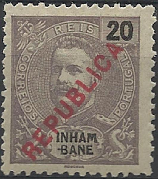 0098.jpg -     Lote:    98      Colecção Império      Inhambane       Descrição:         1917 &mdash; D. Carlos I, com sobrecarga REPUBLICA, tipografada localmente. CE92, 20 reis violeta cinzento. Selo com a variedade "M" de INHAMBANE mais curto. B e R.        **       Valor Base:     &euro; 10,00     Valor Venda:     &euro; 22,00     