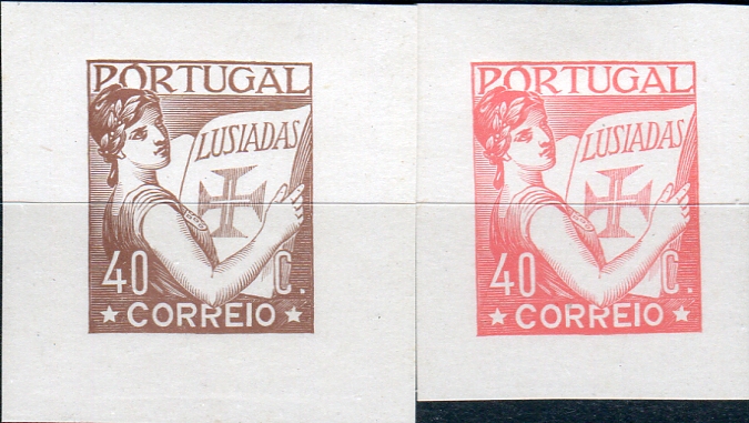 0128.jpg -     Lote:    128      Colecção "Os Lusíadas"             Descrição:         1926 &mdash; Lusíadas. Lote de dois ensaios da taxa de 40C em papel porcelana. Um em castanho s/ papel branco e outro em rosa sobre papel branco. Executados em 1926. Desenho de Pedro Guedes e gravura de Guilherme Augusto dos Santos. Linhas convergentes do cotovelo, buriladas.        PRV       Valor Base:     &euro; 30,00     Valor Venda:     Retirado     