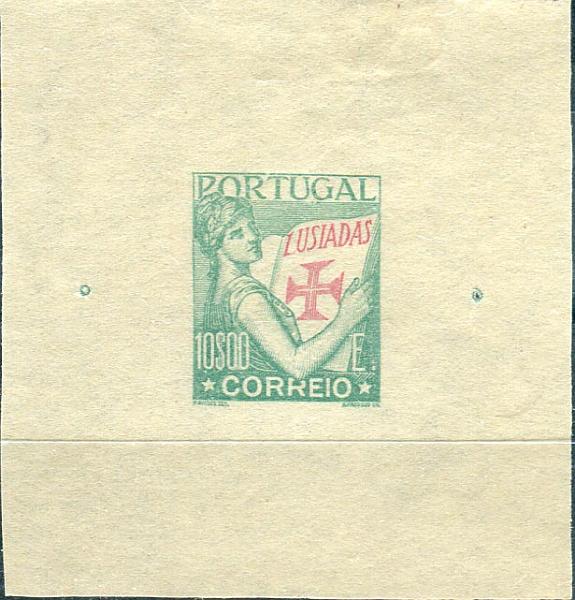 0144.jpg -     Lote:    144      Colecção "Os Lusíadas"             Descrição:         1930 &mdash; Lusíadas. Prova de artista em verde e vermelho de 10$00. Desenvolvimento do cunho II com experimentação e inclusão de cor dupla e cifrão em posição correcta. Legenda "CORREIO" grande, duas estrelas e valores ainda não determinados.        PRV       Valor Base:     &euro; 20,00     Valor Venda:     &euro; 20,00     