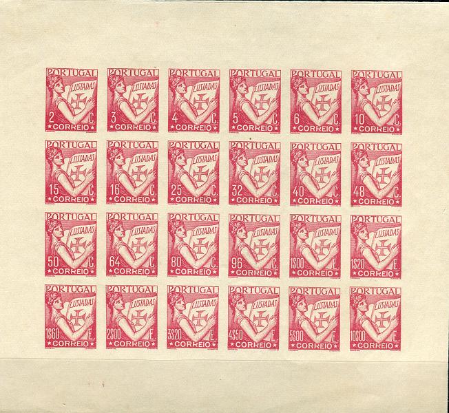 0149.jpg -     Lote:    149      Colecção "Os Lusíadas"             Descrição:         1930- Lusíadas. Prancha completa impressa em papel entrançado, com os 24 valores desde 2C até ao 10$00, não denteada, na cor vermelha-castanho. A maior parte das pranchas foram recortadas, sendo raras as completas.        PRV       Valor Base:     &euro; 75,00     Valor Venda:     Retirado     