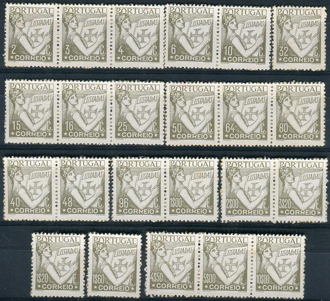 0152.jpg -     Lote:    152      Colecção "Os Lusíadas"             Descrição:         1930 &mdash; Lusíadas. Prancha incompleta de 23 unidades em verde sobre papel porcelana branco, separada em 4 tiras de 3 selos, 4 pares e 3 unidades, denteadas em 14x14. Falta a prova de 5c para completar a prancha. Cunho II de Arnaldo Fragoso.        PRV       Valor Base:     &euro; 50,00     Valor Venda:     Retirado     