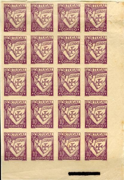 0165.jpg -     Lote:    165      Colecção "Os Lusíadas"             Descrição:         1931 &mdash; Lusíadas. Bloco de 20 provas não denteadas da taxa de 10C, impressas em violeta sobre papel "pelure". Cor e taxas aprovadas. Papel não aprovado.        PRV       Valor Base:     &euro; 25,00     Valor Venda:     Retirado     