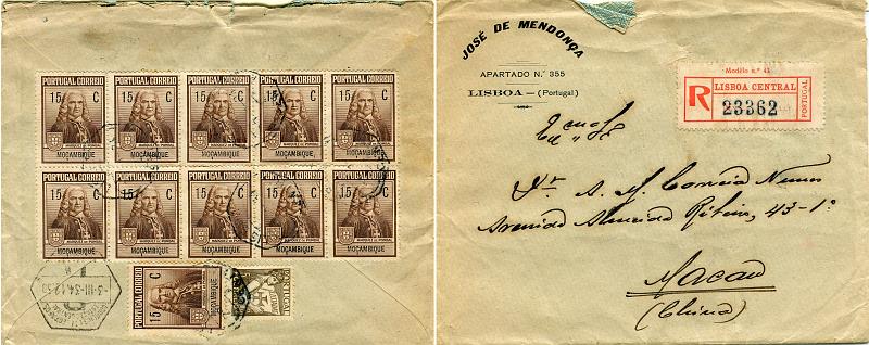 0201.jpg -     Lote:    201      Colecção "Os Lusíadas"             Descrição:         1931 &mdash; Lusíadas. Selos de recurso * Monumento ao Marquês de Pombal (Imposto Postal de Moçambique). Sobrescrito circulado registado de Lisboa (29.01.34) para Macau (03.03.34) com selo Lusíadas de 5c sépia CE514 + bloco de 10 e selo isolado de 15c castanho (Efígie) CE IP5 x 11. R e MB.        Carta       Valor Base:     &euro; 75,00     Valor Venda:     Retirado     