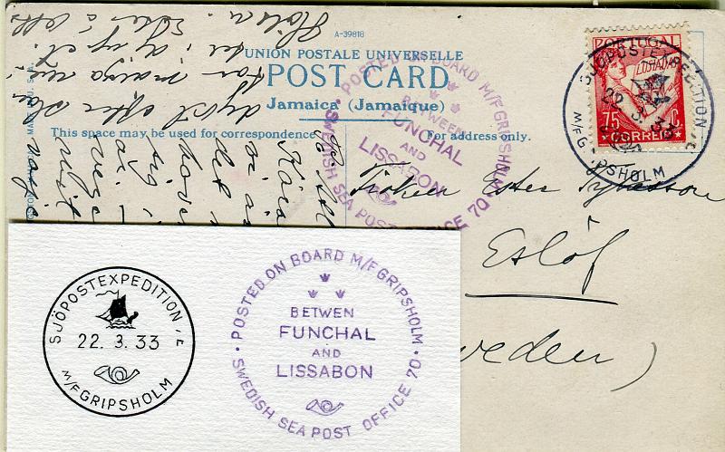 0210.jpg -     Lote:    210      Colecção "Os Lusíadas"             Descrição:         1931 &mdash; Lusíadas. Correio de bordo. Postal ilustrado lançado a bordo do Paquete "GRIPSHOLM" da "Swedish American Liner" com selo de 75c CE523, circulado do Funchal (22.03.33) para a Suécia. Carimbo de bordo do paquete batido a preto "SJOPOSTEXPEDITION / 22.3.33 / M/F GRIPSHOLM" MB e R.        PI       Valor Base:     &euro; 100,00     Valor Venda:     &euro; 100,00     